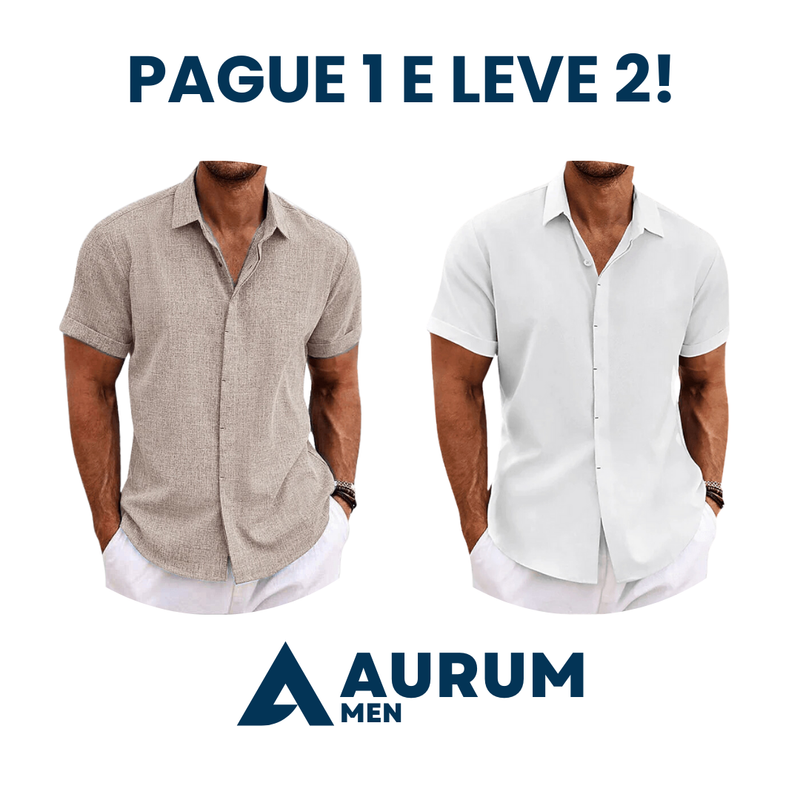 Camisa Manga Curta de Linho e algodão OLIVER + Relógio grátis de brinde ( PAGUE 1 LEVE 2 )