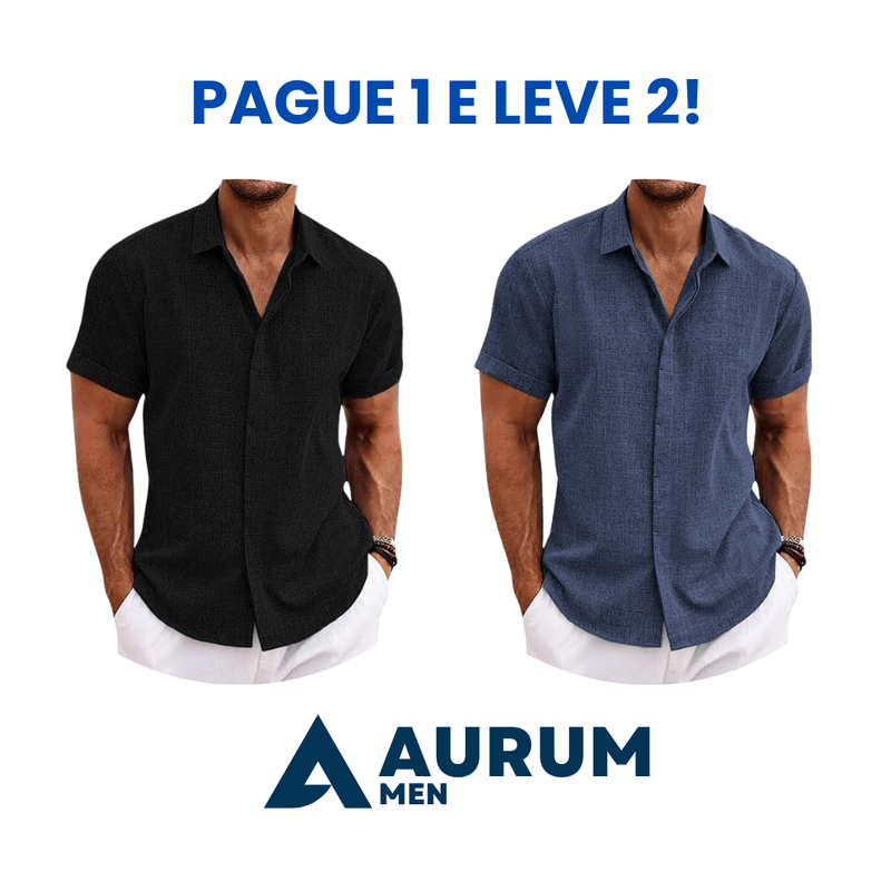 Camisa Manga Curta de Linho e algodão OLIVER + Relógio grátis de brinde ( PAGUE 1 LEVE 2 )