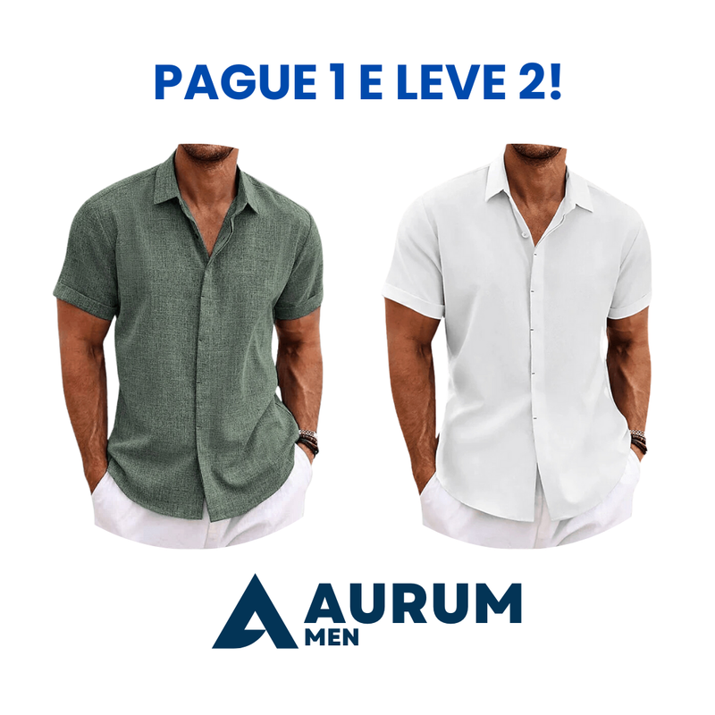 Camisa Manga Curta de Linho e algodão OLIVER + Relógio grátis de brinde ( PAGUE 1 LEVE 2 )