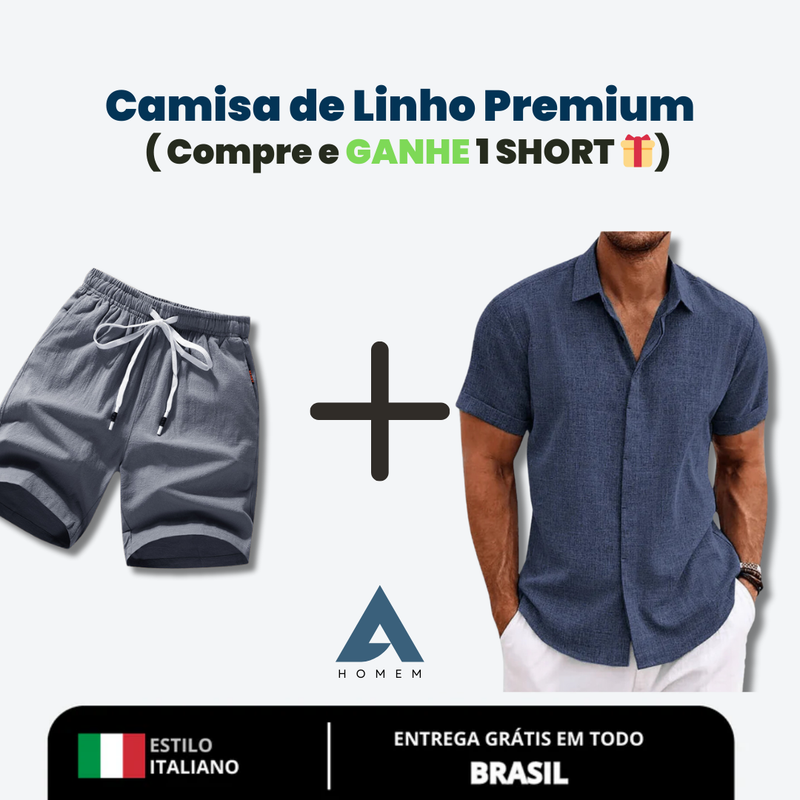 Camisa Manga Curta de Linho e algodão OLIVER + Short de Linho 100% Algodão🎁